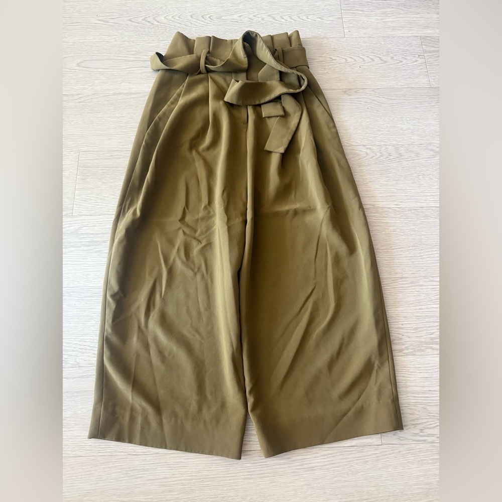 COS Belted Pants Women’s 4 Paperbag High Rise Pleated Wide Leg Culottes Olive - Picture 3 of 4